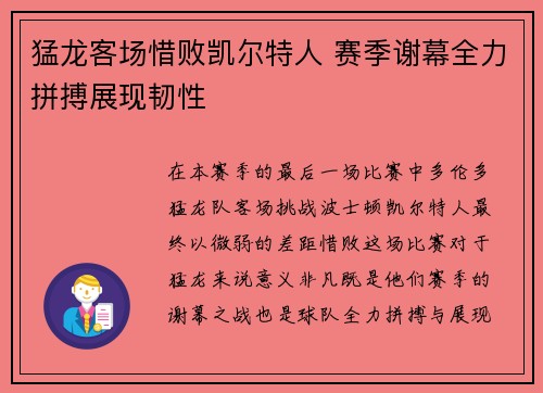 猛龙客场惜败凯尔特人 赛季谢幕全力拼搏展现韧性