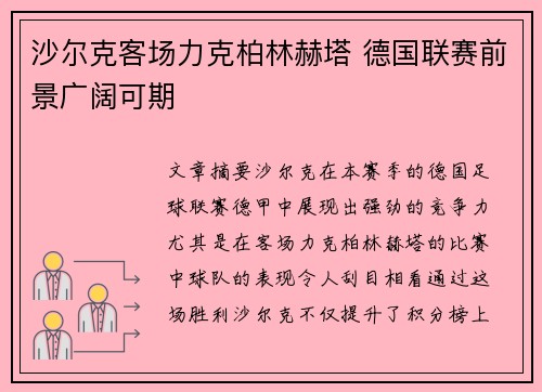 沙尔克客场力克柏林赫塔 德国联赛前景广阔可期